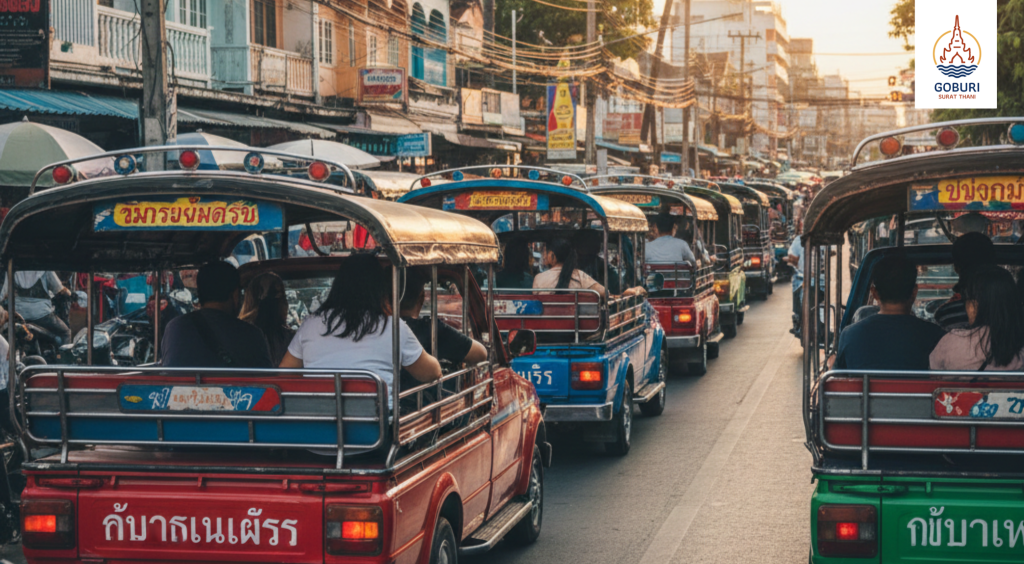 Songthaews: These colorful "two-row" trucks are the backbone of local travel in Surat Thani - Daily life in surat thani