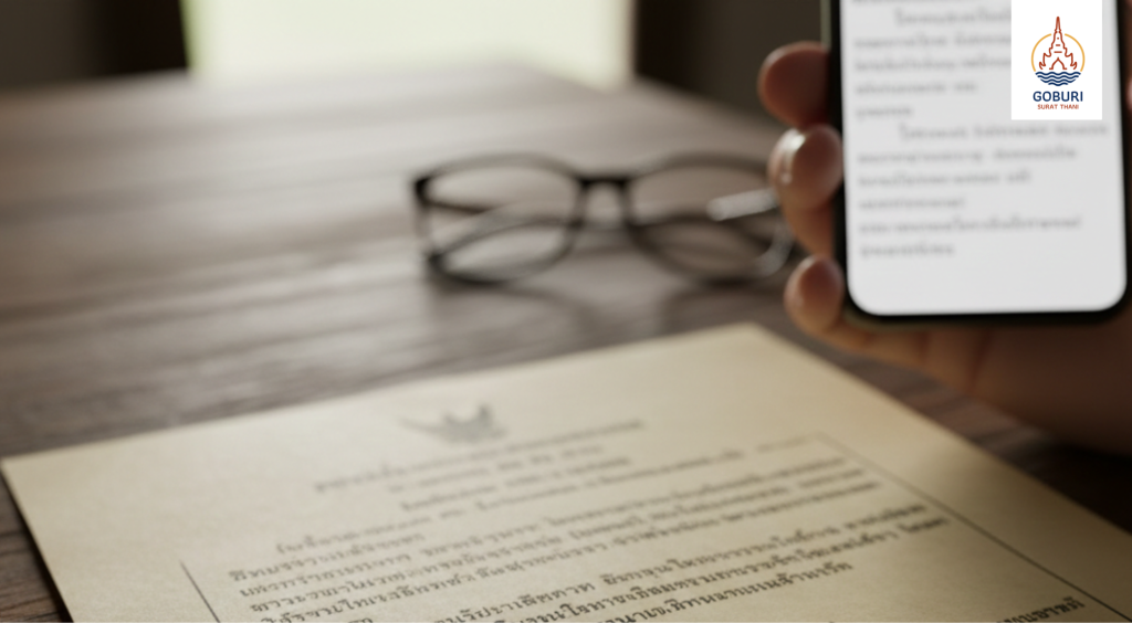 A Thai language document on a desk, representing the importance of functional Thai for long-term residents in Surat Thani.