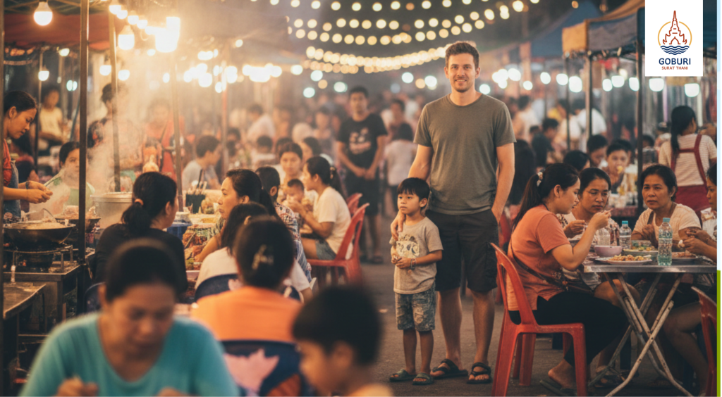 Local families gathering at a Surat Thani evening market, the social heart of the provincial capital.