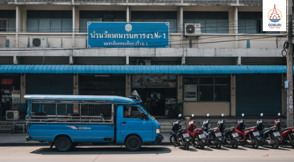 A local songthaew in Surat Thani, showing the primary mode of public transportation in the city.